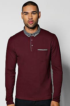 Boohoo Long Sleeve Placket Polo With Chambray Collar
