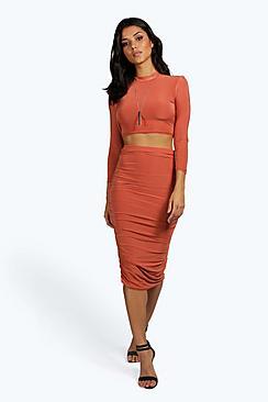 Boohoo Suzi Rouched Sleeve Midi Skirt Co-ord Set