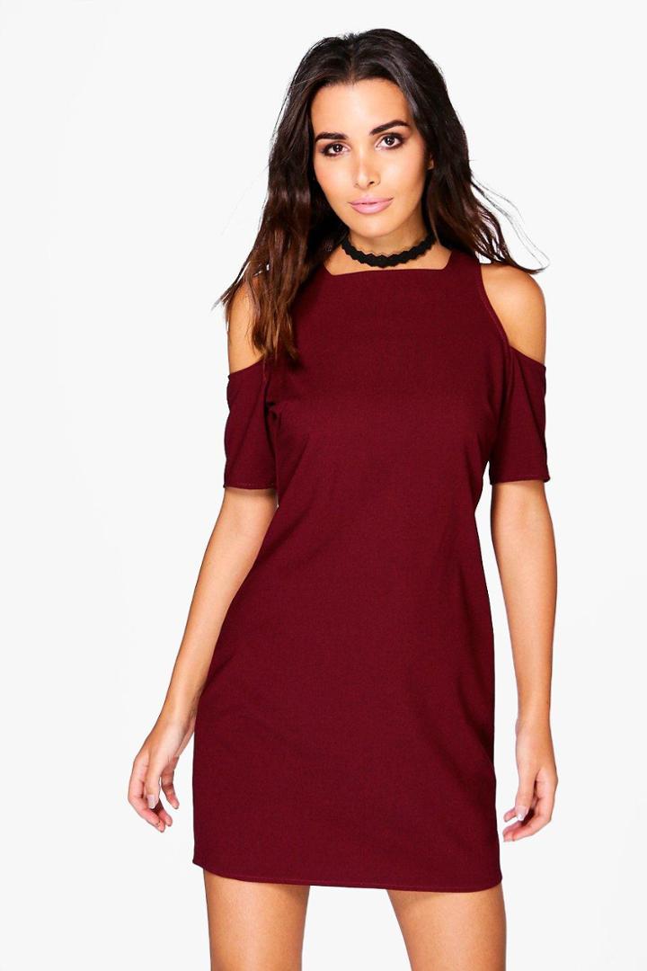 Boohoo Hayley Cold Shoulder 3/4 Sleeve Shift Dress Merlot