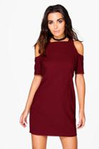 Boohoo Hayley Cold Shoulder 3/4 Sleeve Shift Dress Merlot