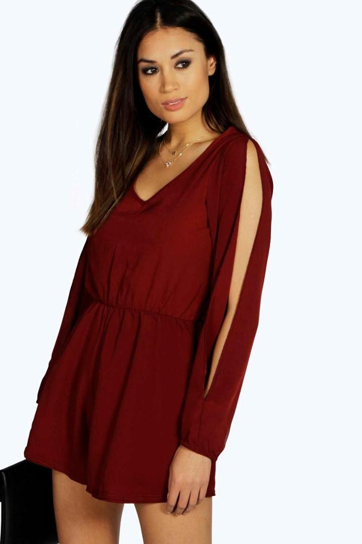Boohoo Petite Bella Split Sleeve Crepe Playsuit Berry