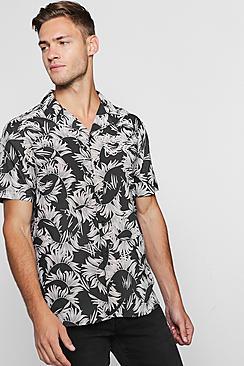 Boohoo Dark Leaf Print Viscose Short Sleeve Revere Shirt
