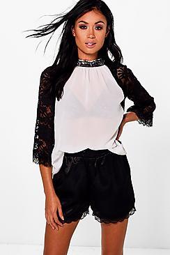 Boohoo Keira Lace Flare Sleeve High Neck Top