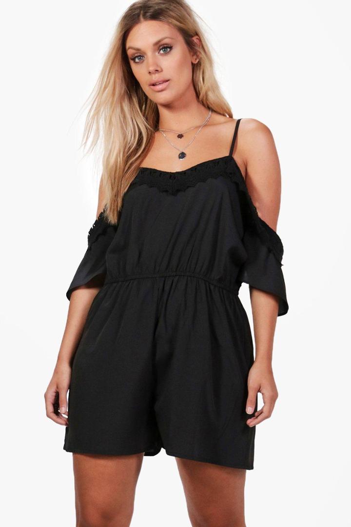 Boohoo Plus Lilly Crochet Open Shoulder Playsuit Black