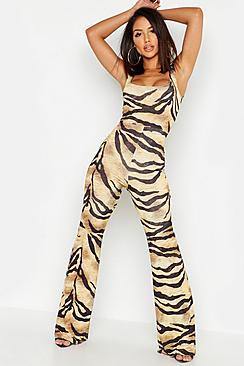 Boohoo Slinky Tiger Print Square Neck Jumpsuit