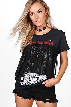 Boohoo Avery Printed Mesh Ruffle Band Tee