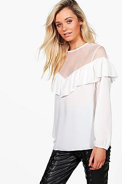 Boohoo Niamh Mesh Insert Ruffle Front Blouse