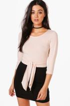 Boohoo Ciara 3/4 Sleeve Cross Waist Crop Nude