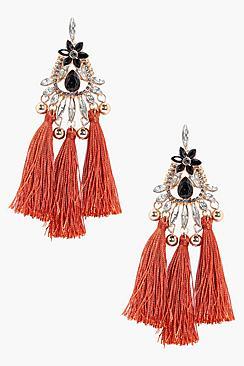 Boohoo Tia Flower Gem And Diamante Tassel Earring