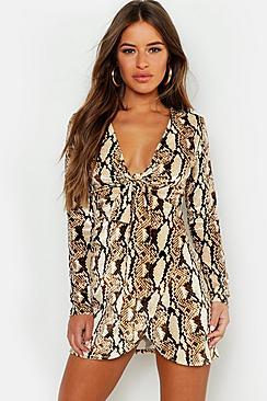 Boohoo Petite Snake Print Velour Twist Bodycon Dress