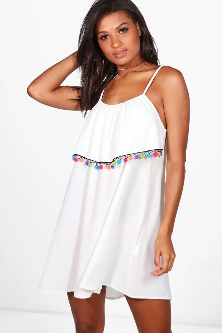 Boohoo Alexia Pom Pom Trim Beach Dress White