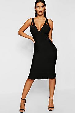 Boohoo Strap Detail Peplum Hem Midi Bandage Dress