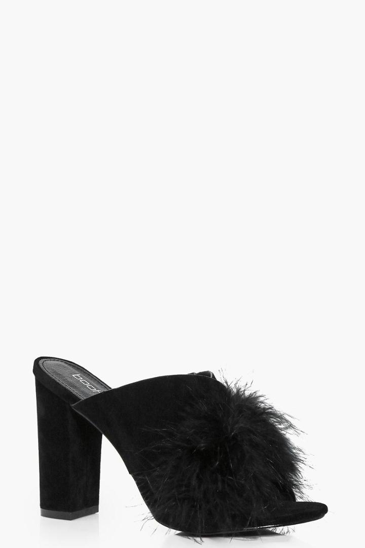 Boohoo Liv Feather Trim Cross Front Mule Black