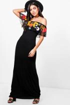 Boohoo Talia Embroidered Mesh Frill Maxi Dress Black