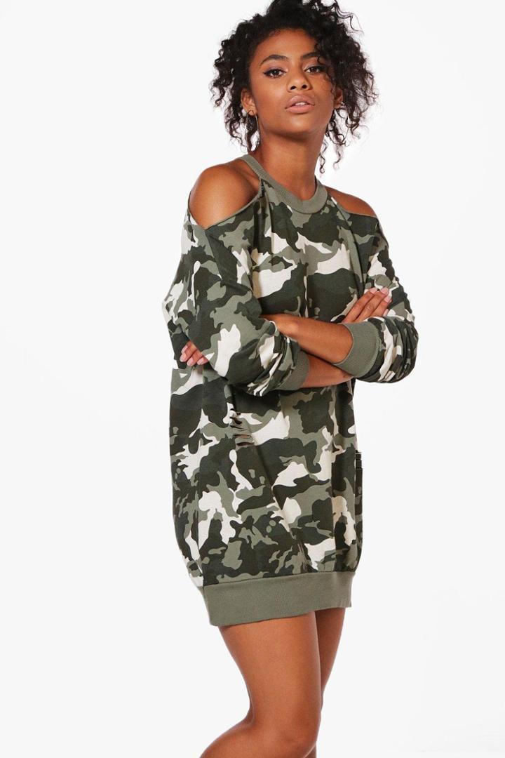 Boohoo Charlotte Camo Open Shoulder Dress Khaki