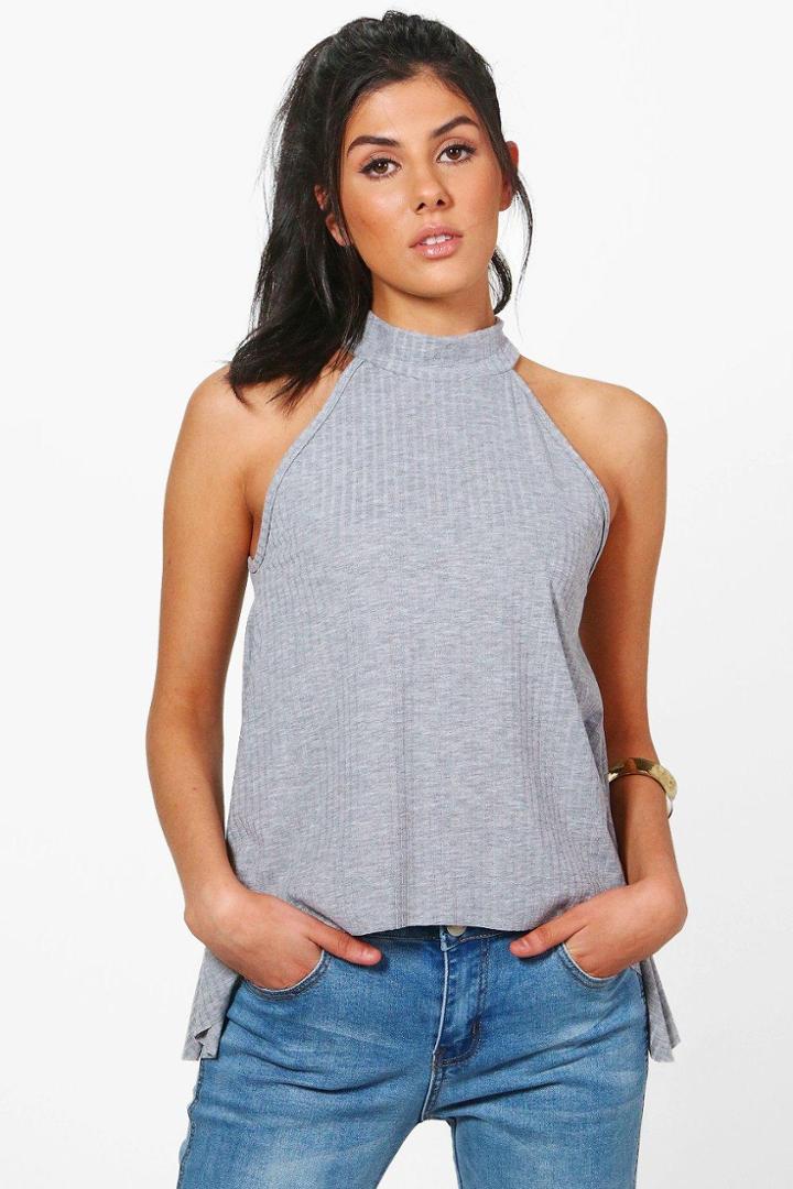 Boohoo Joanna Halterneck Rib Knit Sleeveless Top Grey