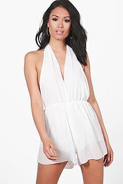 Boohoo Martha Chiffon Halter Neck Playsuit