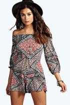 Boohoo Gloria Geo Print Off The Shoulder Playsuit