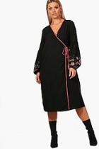 Boohoo Plus Lily Embroidered Puff Sleeve Kimono Dress