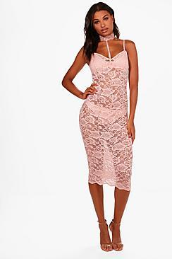 Boohoo Lynn Panelled Lace Choker Detail Midi Dress