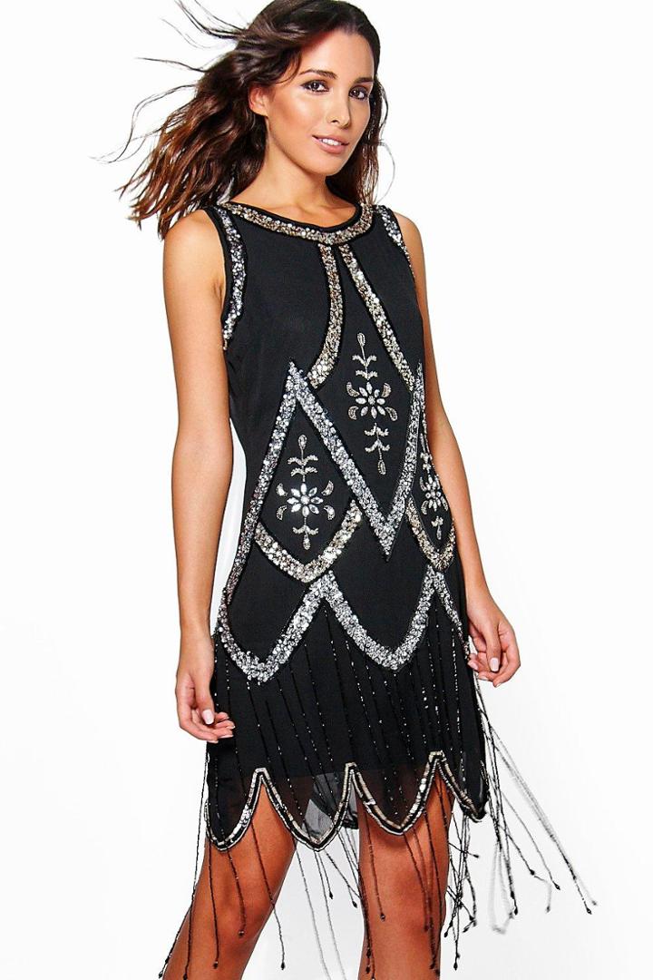 Boohoo Boutique Una Embellished Tassel Shift Dress Black