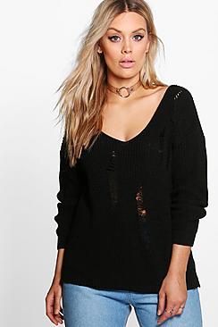 Boohoo Plus Kady Distressed V Neck Jumper