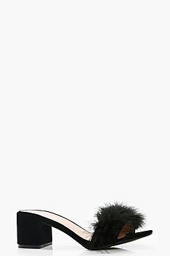 Boohoo Nicole Feather Trim Block Heel Mules