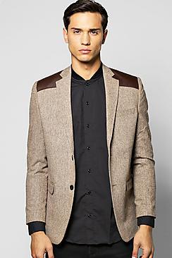 Boohoo Slim Fit Pu Patch Tweed Blazer