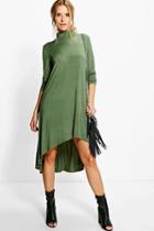 Boohoo Amra Dipped Hem Roll Neck Swing Dress Khaki