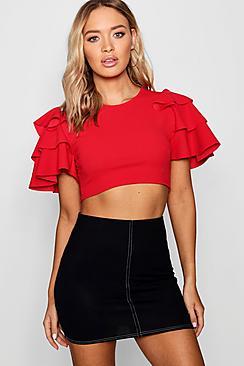 Boohoo Ruffle Shoulder Scoop Neck Crop