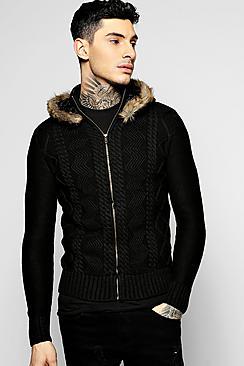 Boohoo Cable Knit Zip Through Hoodie With Hood