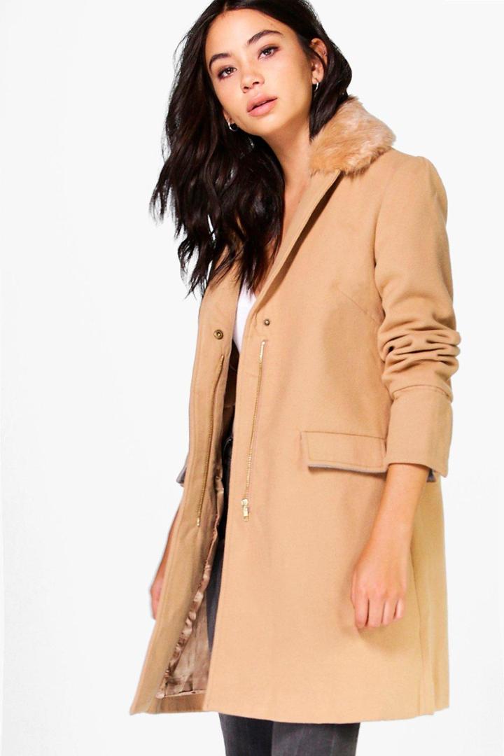 Boohoo Maria Detachable Faux Fur Collar Coat Camel