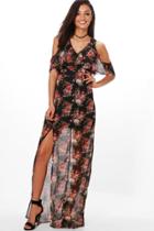 Boohoo Tall Theya Dark Floral Cold Shoulder Maxi Dress Black