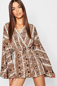Boohoo Kimono Flare Sleeve Snake Print Wrap Playsuit