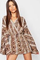 Boohoo Kimono Flare Sleeve Snake Print Wrap Playsuit