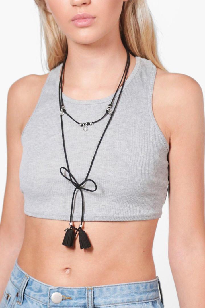 Boohoo Jessica Boho Coin & Tassel Tie Cord Choker Black