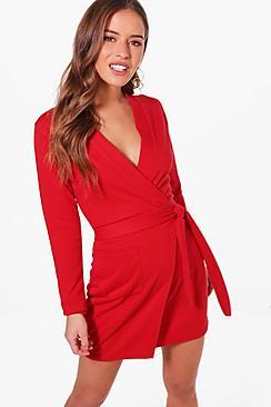 Boohoo Petite  Obi Wrap Front Long Sleeve Dress