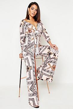 Boohoo Slinky Chain Print Wide Leg Plunge Jumpsuit
