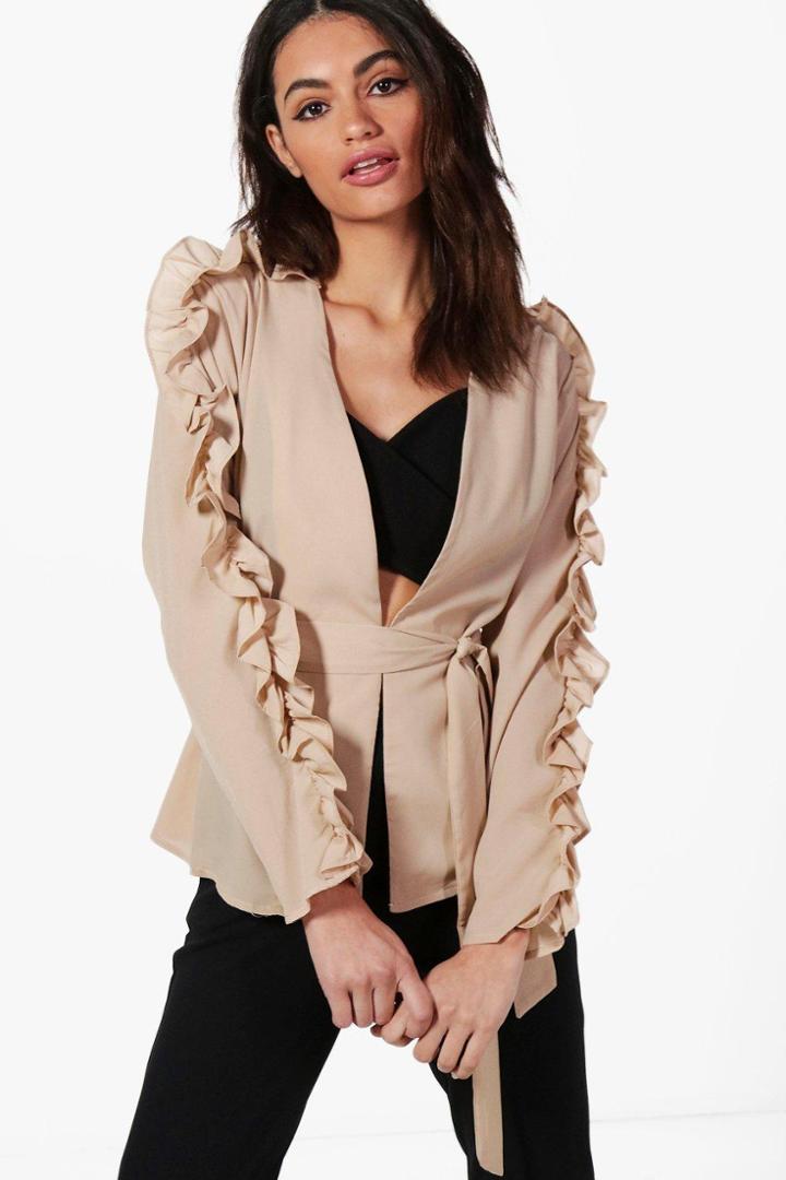 Boohoo Carmen Ruffle Sleeve Belted Blazer Mocha