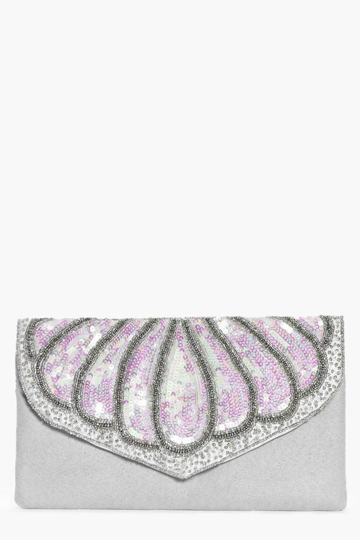 Boohoo Emma Boutique Mermaid Sequin Clutch Bag Grey