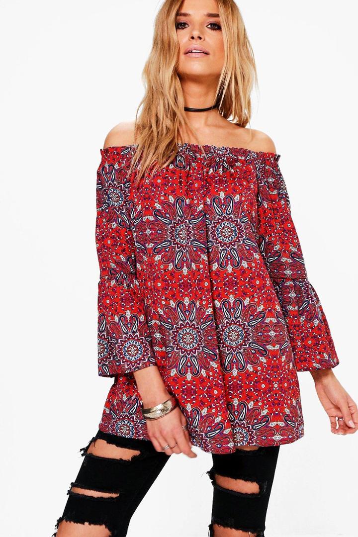 Boohoo Alexandra Mixed Woven Off The Shoulder Top Multi