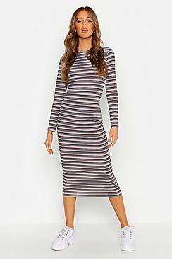 Boohoo Stripe Ribbed Long Sleeve Midaxi Dress