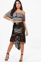 Boohoo Geneva Leather Look Lace Hem Midi Skirt
