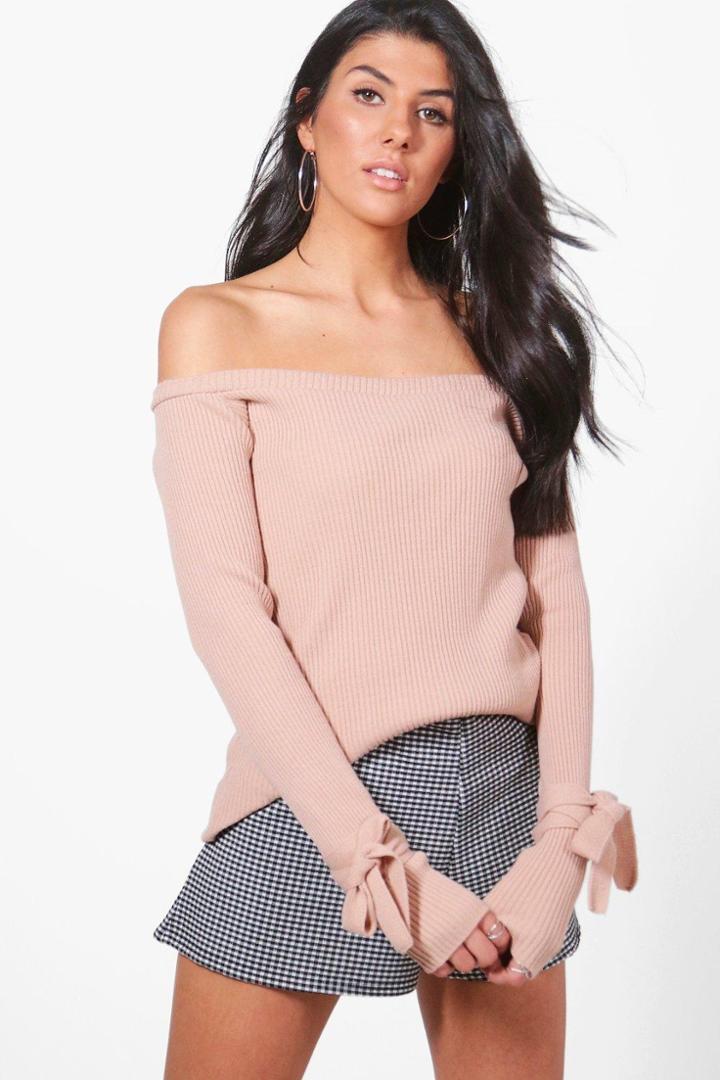 Boohoo Paige Tie Cuff Rib Knit Bardot Jumper Nude
