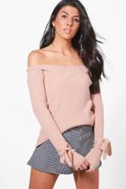 Boohoo Paige Tie Cuff Rib Knit Bardot Jumper Nude