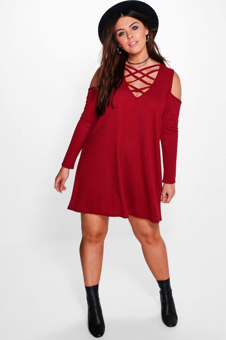 Boohoo Plus Aliza Ribbed Open Shoulder Swing Dress Wine