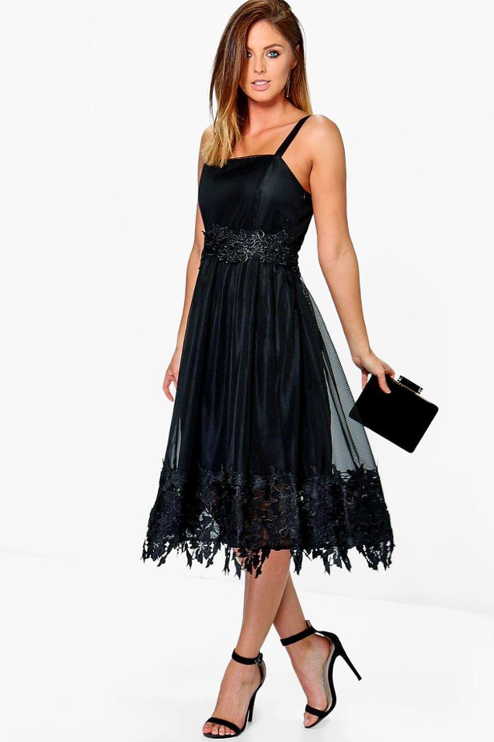 Boohoo Boutique Em Mesh Lace Midi Skater Dress Black