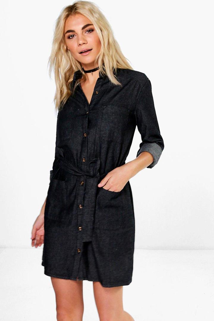 Boohoo Katie Tie Waist Patch Pocket Denim Dress Black