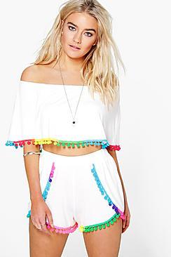 Boohoo Ada Multi Colour Pom Pom Crop & Shorts Co-ord Set