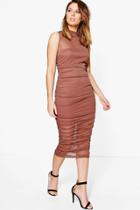 Boohoo Fiona Mesh Contrast Ruching Midi Dress Mocha